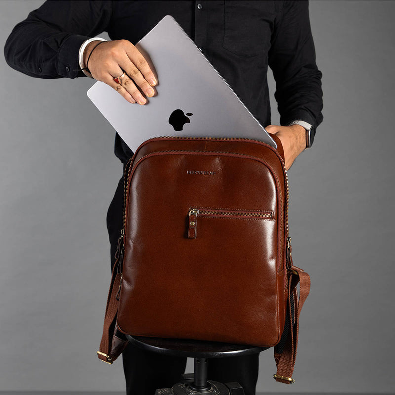 Brown Leather Backpack with Laptop Cushion and Front Pocket