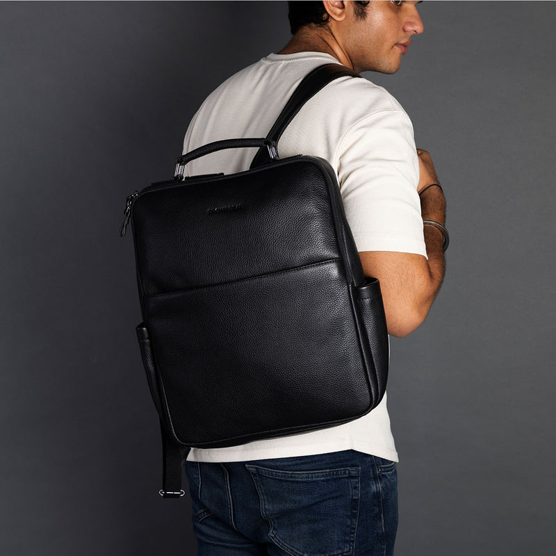 Black Leather Backpack with Front Pocket and Adjustable Strap