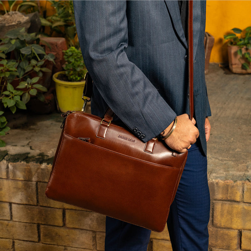 Slim Tan Leather Laptop Bag with Adjustable Strap