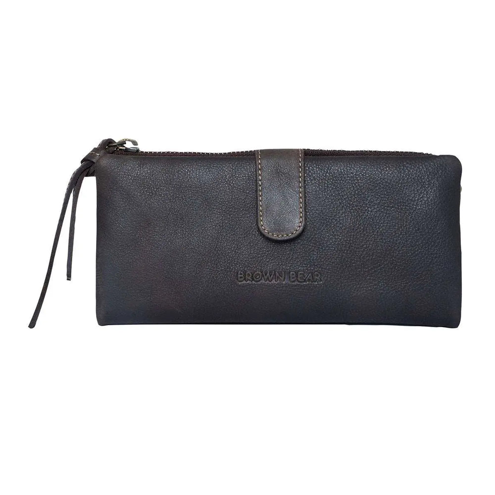 Bi-Fold Ladies Wallet with Zip Closure in Genuine Leather - Brown Bear