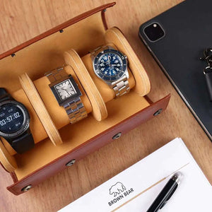 Brown Bear 3 Piece Watch Organizer in Genuine Leather - Brown Bear