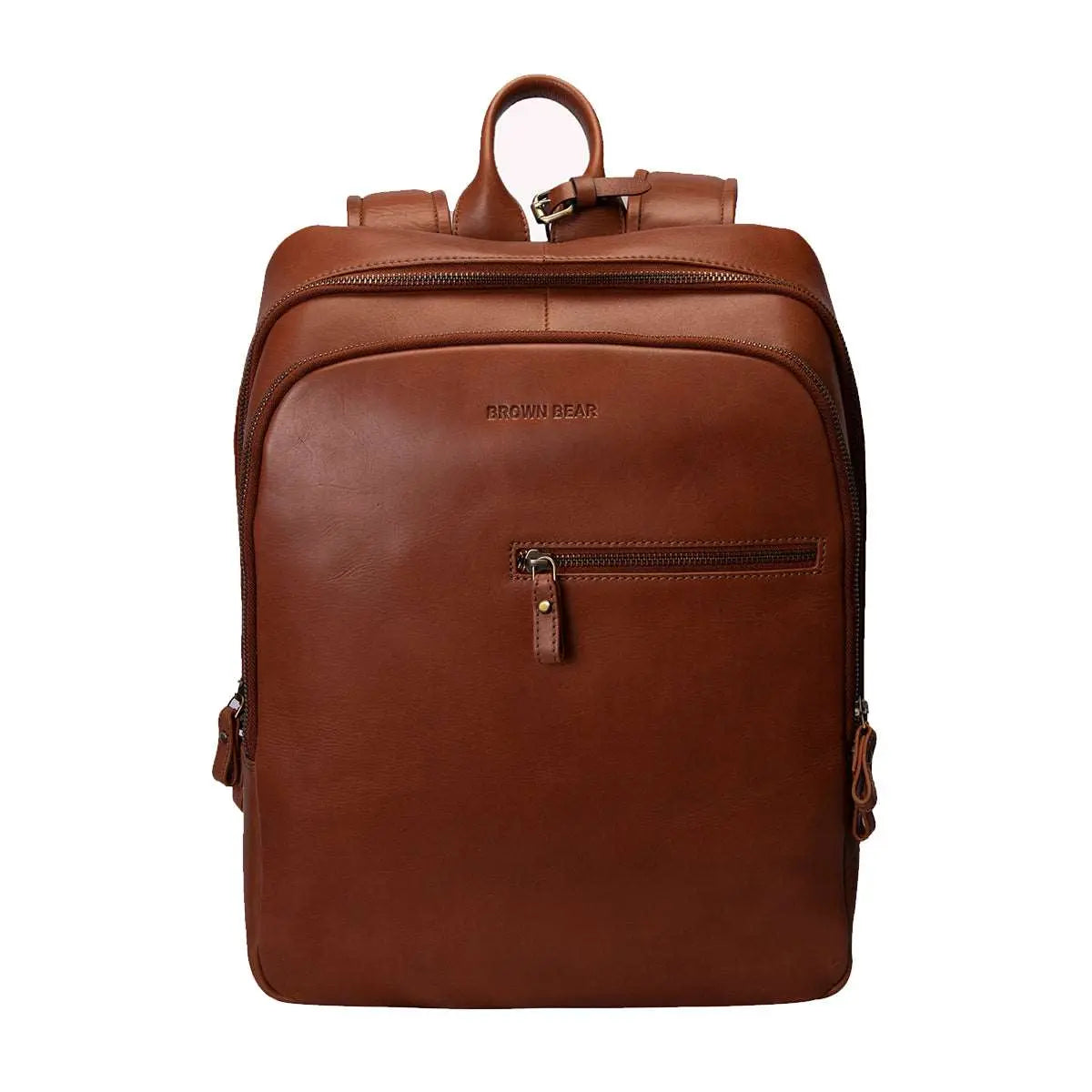 Classic Leather Travel Backpack with front Pocket in Genuine Leather Tan Genuine Leather