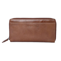Double Zip Around Ladies Wallet with External pocket in Genuine Leather - Brown Bear