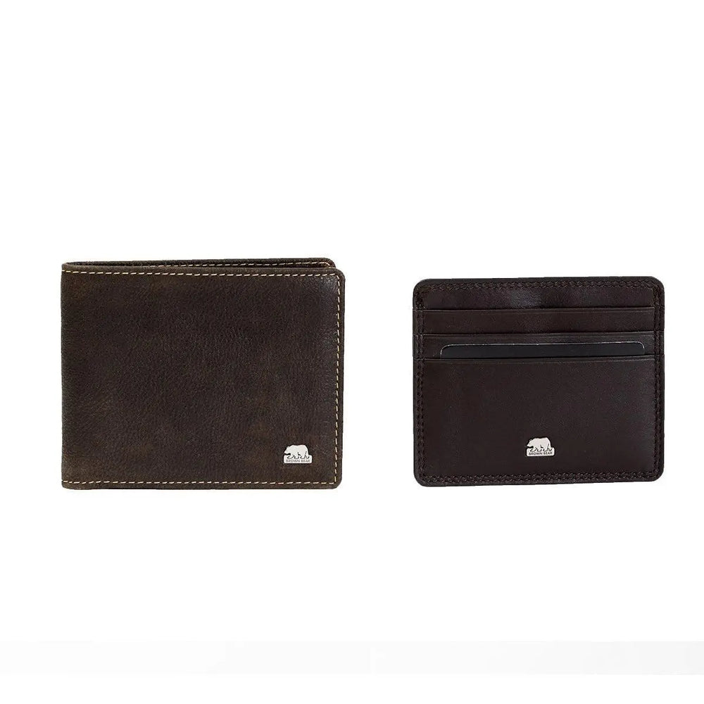 Gift Set - Sleek and Secure: Men's Wallet and Card Holder Gift Set - Brown Bear