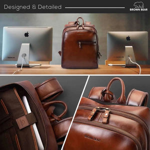 Leather Manhattan Backpack in Genuine Leather - Brown Bear