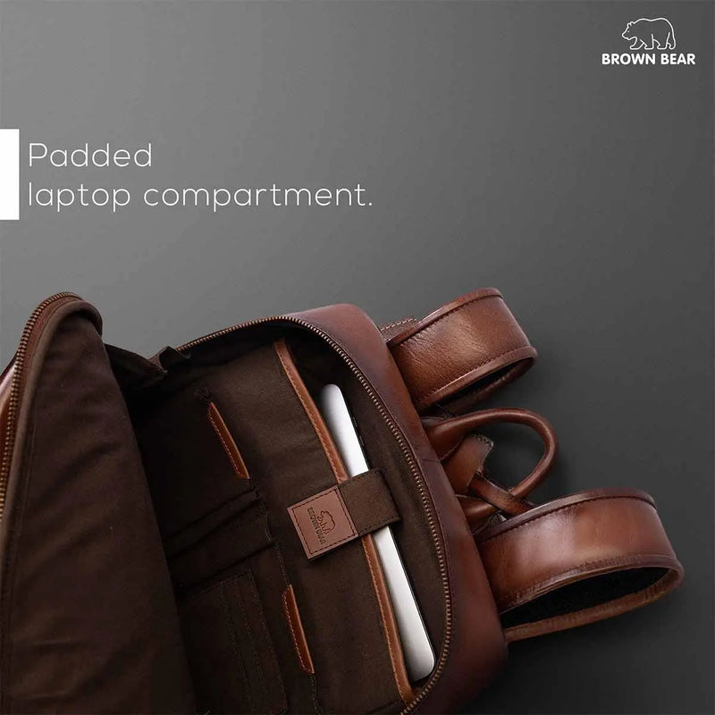 Leather Manhattan Backpack in Genuine Leather - Brown Bear