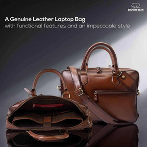 Leather Manhattan Laptop Bag in Genuine Leather - Brown Bear