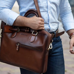 Leather Manhattan Laptop Bag in Genuine Leather - Brown Bear