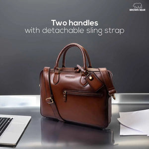 Leather Manhattan Laptop Bag in Genuine Leather - Brown Bear