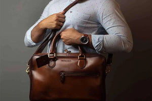 Leather Manhattan Laptop Bag in Genuine Leather - Brown Bear