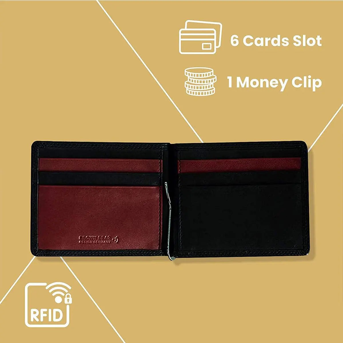 Leather Money-Clip Holder with RFID Protection in Genuine Leather - Brown Bear