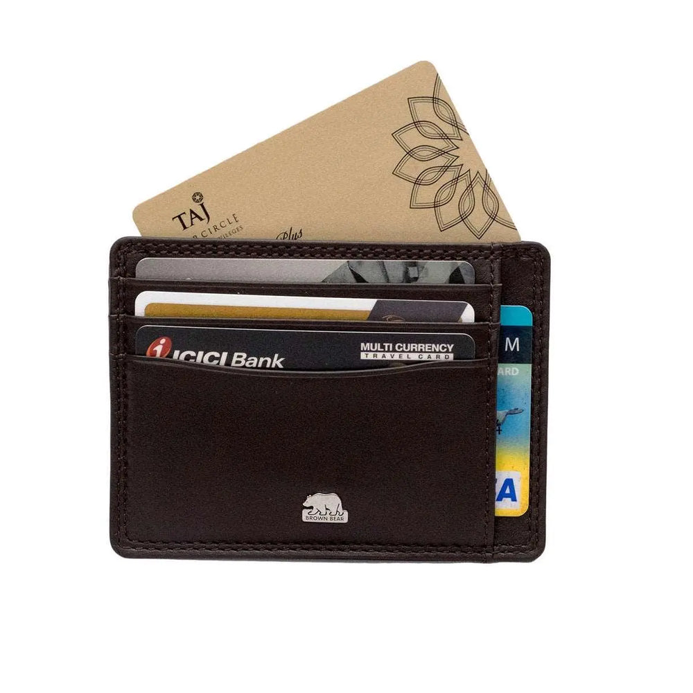 Sleek 8 piece Leather Card Holder with a small Bill Compartment - Brown Bear