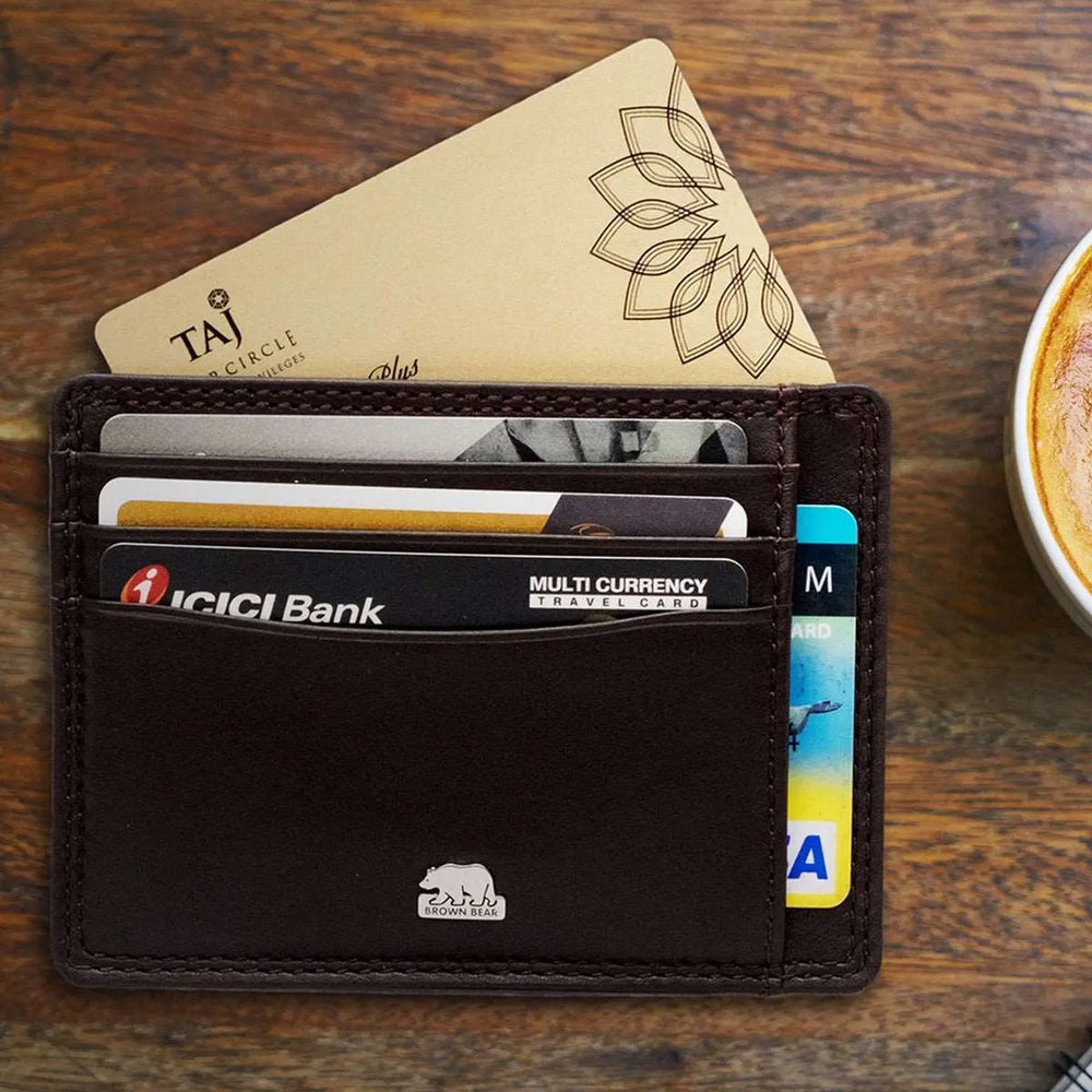 Sleek 8 piece Leather Card Holder with a small Bill Compartment - Brown Bear