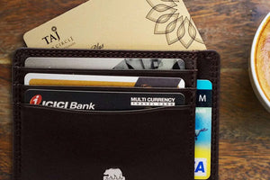 Sleek 8 piece Leather Card Holder with a small Bill Compartment - Brown Bear