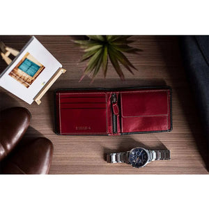 Trendy Black / Red Men’s Wallet with Pocket and Zip compartment in Genuine Leather - Brown Bear