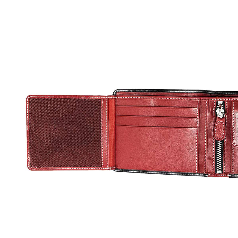 Trendy Black / Red Men’s Wallet with Pocket and Zip compartment in Genuine Leather - Brown Bear