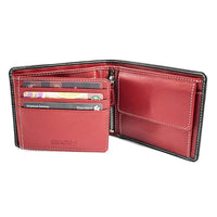 Trendy Black / Red Men’s Wallet with Pocket and Zip compartment in Genuine Leather - Brown Bear