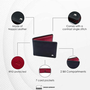 Trendy Black / Red Men’s Wallet with Pocket and Zip compartment in Genuine Leather - Brown Bear