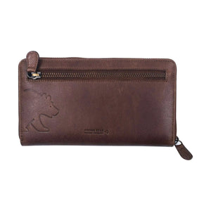 Vintage Leoni Classic Zip around Ladies Wallet with external zip pocket in Genuine Leather - Brown Bear