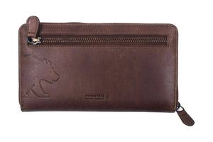 Vintage Leoni Classic Zip around Ladies Wallet with external zip pocket in Genuine Leather - Brown Bear