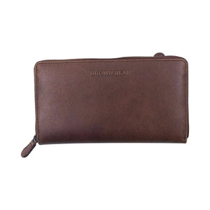 Vintage Leoni Classic Zip around Ladies Wallet with external zip pocket in Genuine Leather - Brown Bear