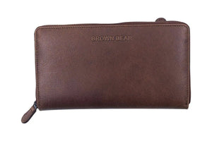 Vintage Leoni Classic Zip around Ladies Wallet with external zip pocket in Genuine Leather - Brown Bear