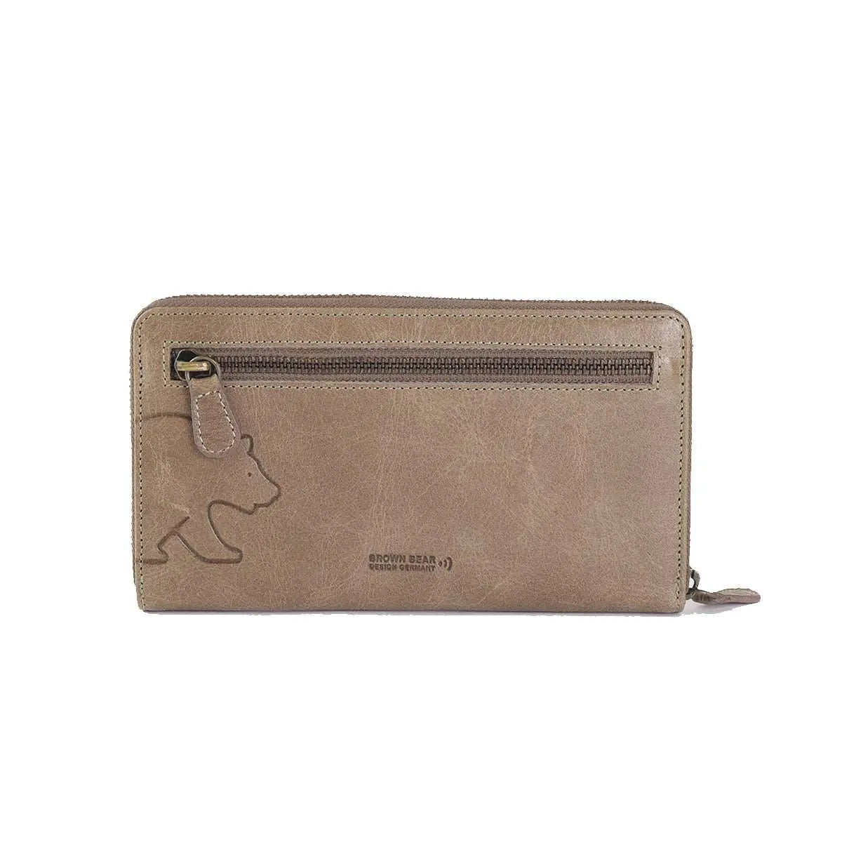 Vintage Leoni Classic Zip around Ladies Wallet with external zip pocket in Genuine Leather - Brown Bear