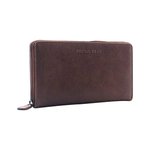 Vintage Leoni Classic Zip around Ladies Wallet with external zip pocket in Genuine Leather - Brown Bear