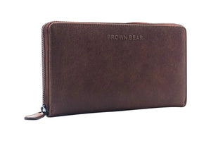 Vintage Leoni Classic Zip around Ladies Wallet with external zip pocket in Genuine Leather - Brown Bear